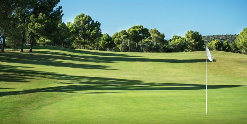 Golf course with a flagstick on the green, surrounded by trees under a clear blue sky.