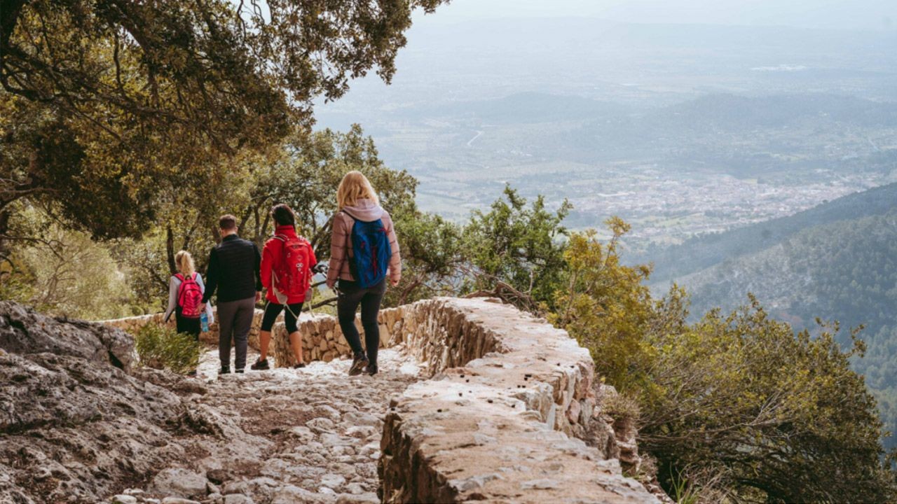 Group of hikers walking down a rocky path with scenic valley views surrounded by trees and greenery.